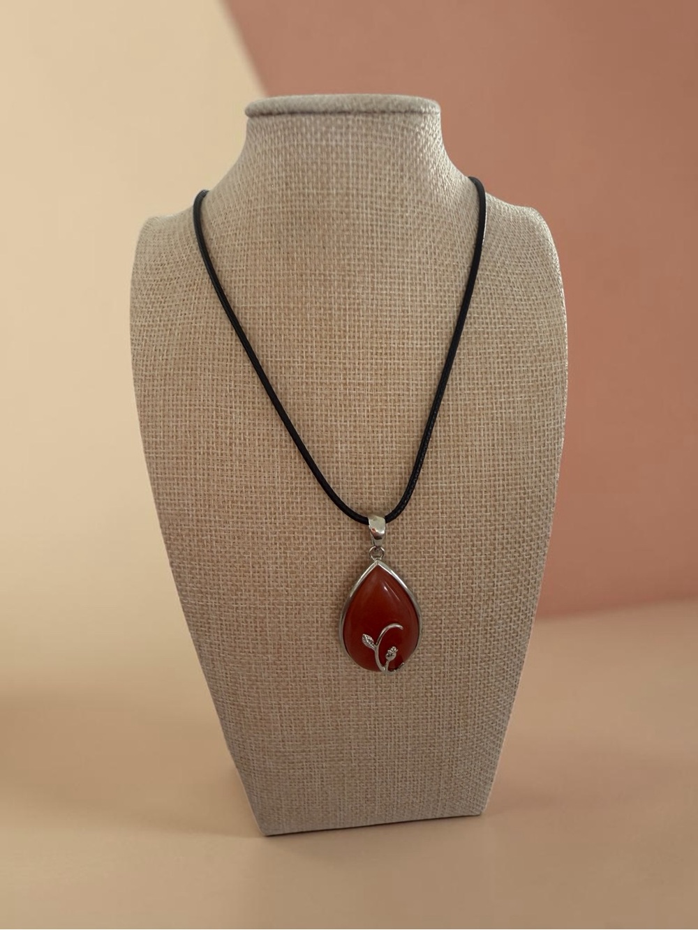 Handcrafted Brown Teardrop Pendant Necklace with Silver Accent